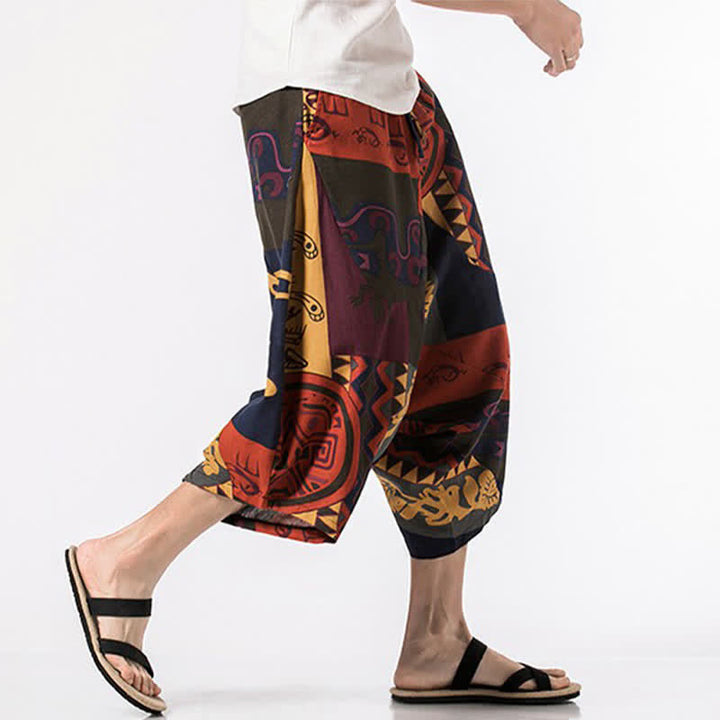 Buddha Stones Pantaloni Capri estivi in ​​stile boho casual con coulisse, in cotone e lino con stampa floreale, pantaloni harem da uomo con tasca - image 9