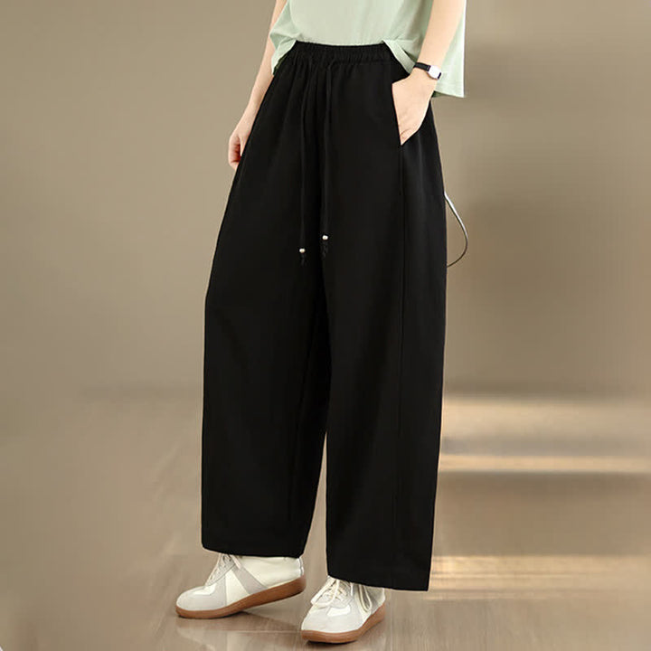 Buddha Stones Pantaloni estivi casual da donna a gamba larga con coulisse e tasche, modello cropped a tinta unita. - image 8