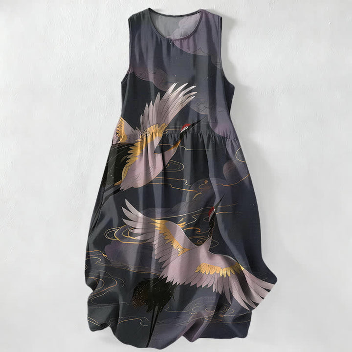 Buddha Stones Abito midi estivo casual da donna con stampa di gru volanti e onde, senza maniche e tasche. - Nero - US16, UK/AU20, EU48 (3XL) - image 0
