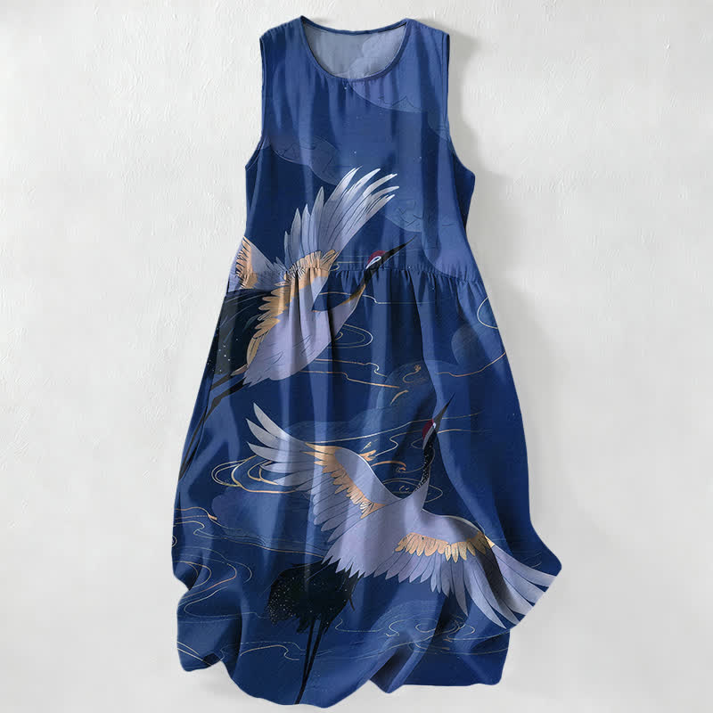 Buddha Stones Abito midi estivo casual da donna con stampa di gru volanti e onde, senza maniche e tasche. - Marina - US16, UK/AU20, EU48 (3XL) - image 4