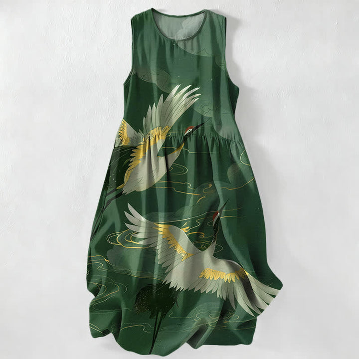 Buddha Stones Abito midi estivo casual da donna con stampa di gru volanti e onde, senza maniche e tasche. - Verde studentesco - US16, UK/AU20, EU48 (3XL) - image 5