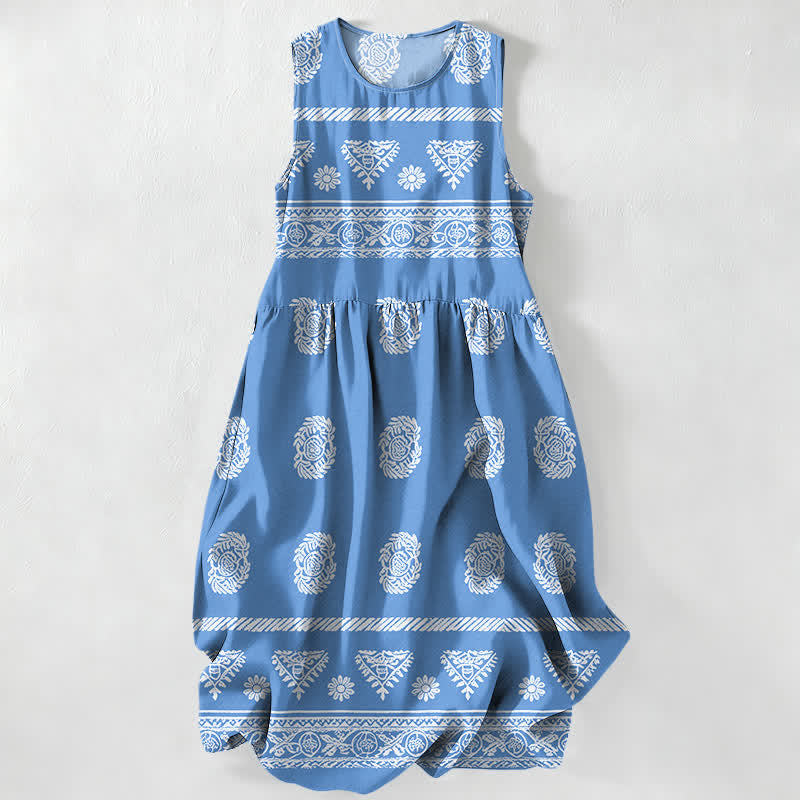 Buddha Stones Abito midi estivo casual da donna con motivo a righe geometriche e medaglioni, senza maniche e con tasche. - Blu fiordaliso - US16, UK/AU20, EU48 (3XL) - image 0