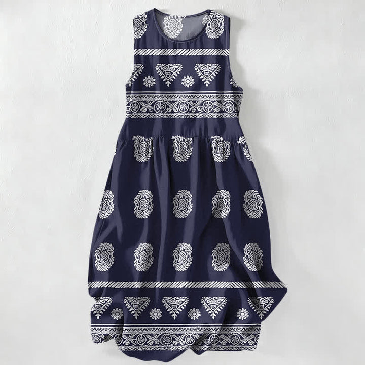 Buddha Stones Abito midi estivo casual da donna con motivo a righe geometriche e medaglioni, senza maniche e con tasche. - Marina - US16, UK/AU20, EU48 (3XL) - image 4