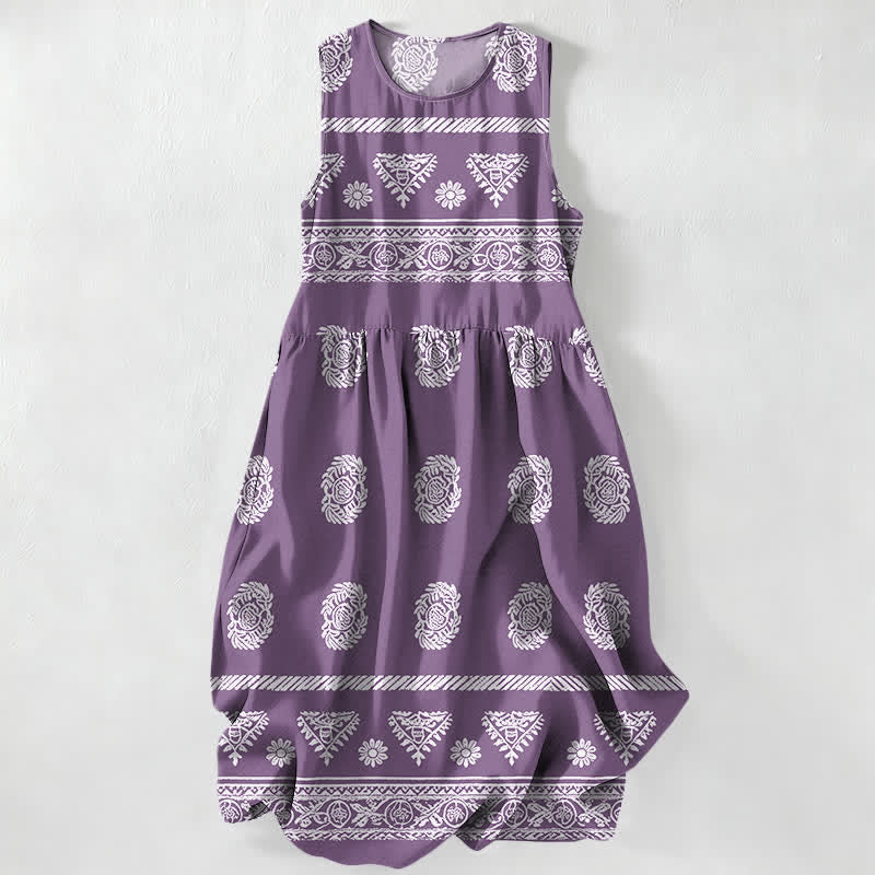 Buddha Stones Abito midi estivo casual da donna con motivo a righe geometriche e medaglioni, senza maniche e con tasche. - Viola medio - US16, UK/AU20, EU48 (3XL) - image 5