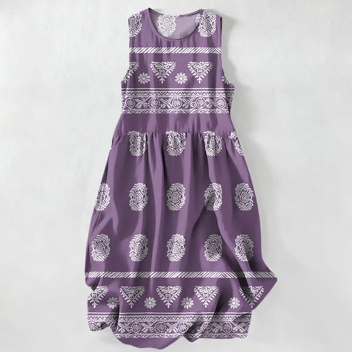Buddha Stones Abito midi estivo casual da donna con motivo a righe geometriche e medaglioni, senza maniche e con tasche. - Viola medio - US16, UK/AU20, EU48 (3XL) - image 5