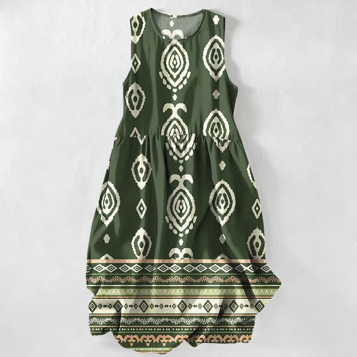 Buddha Stones Abito midi estivo da donna senza maniche con motivo geometrico tribale e tasche, perfetto per l'estate. - Verde oliva scuro - US16, UK/AU20, EU48 (3XL) - image 0