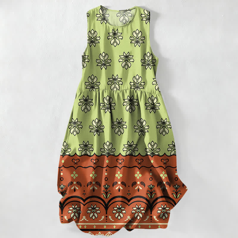 Buddha Stones Abito midi estivo casual da donna con bordo floreale color menta e tasche. - Verde chiaro - US16, UK/AU20, EU48 (3XL) - image 0