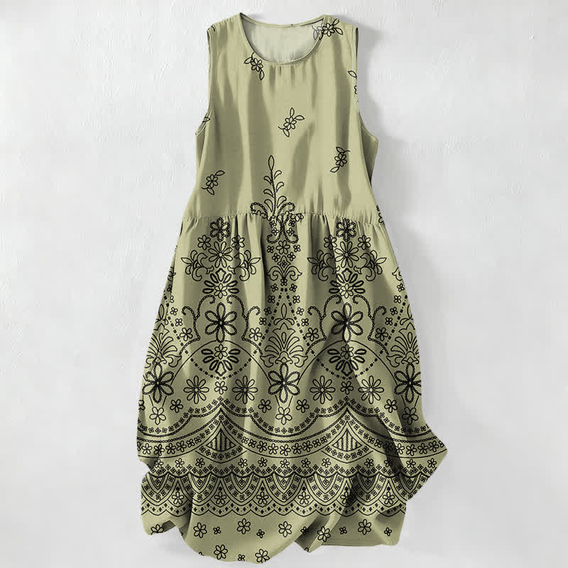 Buddha Stones Abito midi estivo casual da donna con motivo floreale e tasche, stile bohémien. - Oliva - US16, UK/AU20, EU48 (3XL) - image 0