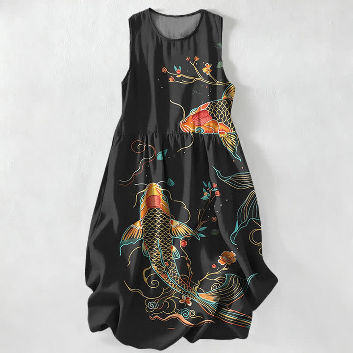 Buddha Stones Abito midi estivo casual da donna con motivo floreale a onde e pesci koi, senza maniche e con tasche. - Nero - US16, UK/AU20, EU48 (3XL) - image 0