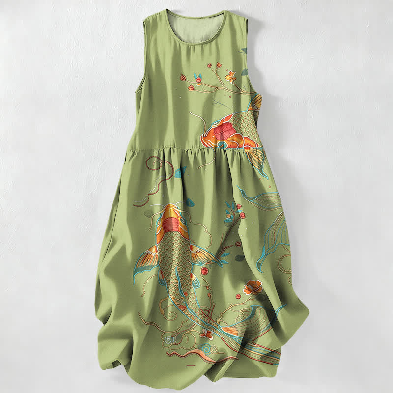 Buddha Stones Abito midi estivo casual da donna con motivo floreale a onde e pesci koi, senza maniche e con tasche. - Verde oliva - US16, UK/AU20, EU48 (3XL) - image 5