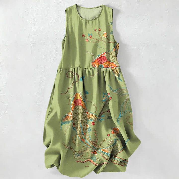 Buddha Stones Abito midi estivo casual da donna con motivo floreale a onde e pesci koi, senza maniche e con tasche. - Verde oliva - US16, UK/AU20, EU48 (3XL) - image 5
