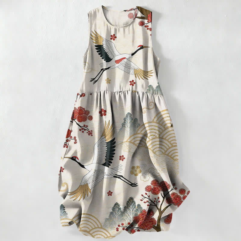 Buddha Stones Abito midi estivo casual da donna con stampa di gru e fiori di pruno, senza maniche e con tasche. - Avorio - US16, UK/AU20, EU48 (3XL) - image 0
