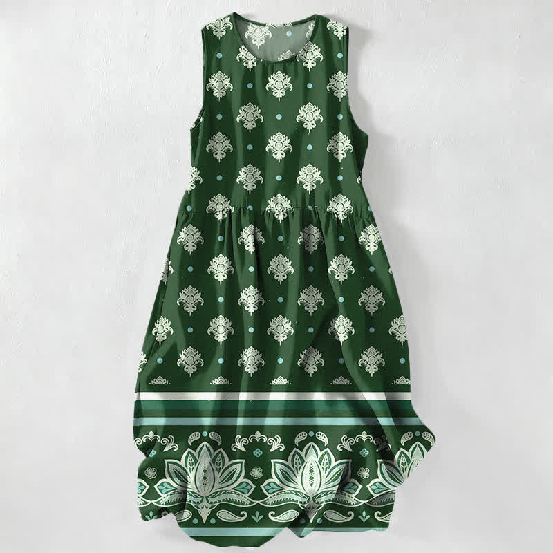Buddha Stones Abito midi estivo casual da donna con bordo a loto e motivo floreale, senza maniche, con tasche. - Verde studentesco - US16, UK/AU20, EU48 (3XL) - image 5
