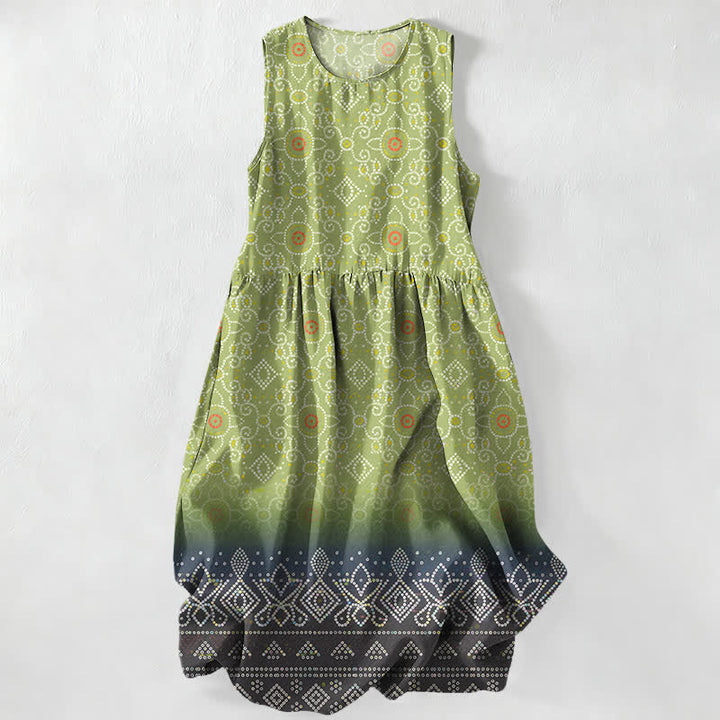 Buddha Stones Abito midi estivo da donna senza maniche con motivo geometrico floreale e tasche, stile bohémien casual. - Verde chiaro - US16, UK/AU20, EU48 (3XL) - image 0