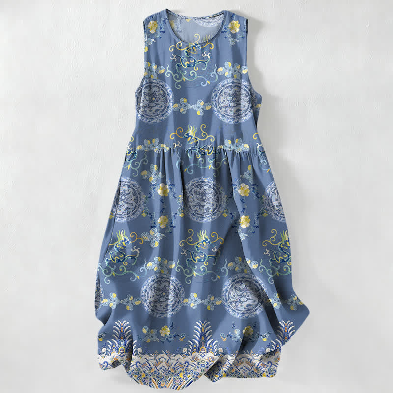 Buddha Stones Abito midi estivo casual da donna con motivo floreale vintage a medaglioni e foglie, senza maniche e con tasche. - SteelBlue - US16, UK/AU20, EU48 (3XL) - image 0