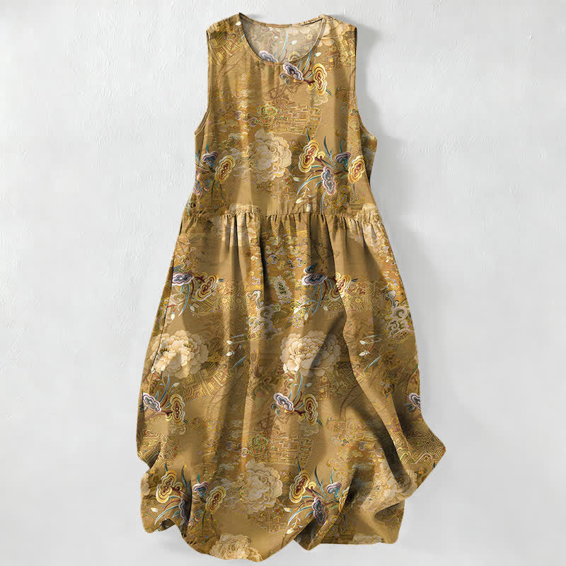 Buddha Stones Abito midi estivo casual da donna con motivo floreale paisley vintage e tasche. - Verga d'oro scura - US16, UK/AU20, EU48 (3XL) - image 0
