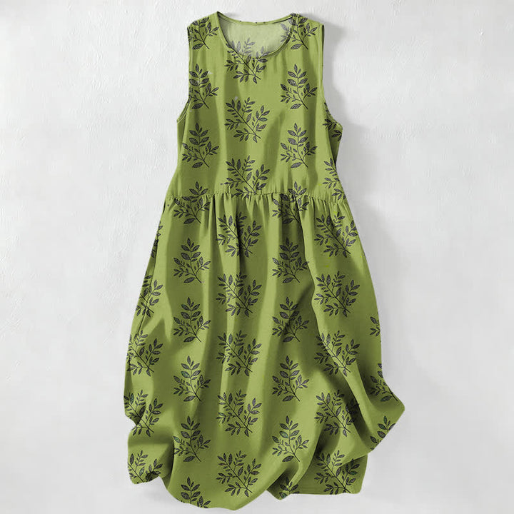 Buddha Stones Abito midi estivo casual da donna con motivo a foglie botaniche e tasche. - Verde oliva - US16, UK/AU20, EU48 (3XL) - image 0