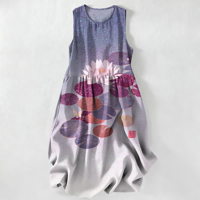 Buddha Stones Abito midi estivo casual da donna con motivo laghetto di loto e tasche. - Lavanda - US16, UK/AU20, EU48 (3XL) - image 5