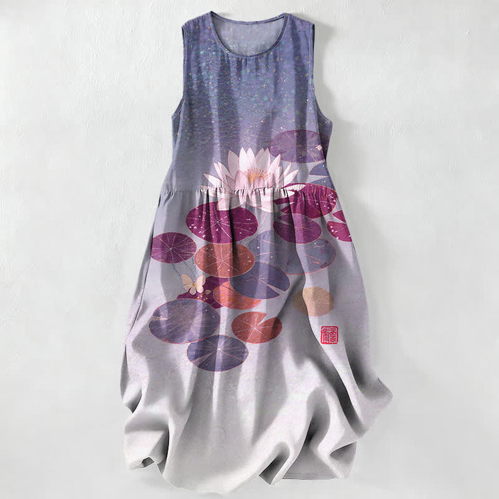 Buddha Stones Abito midi estivo casual da donna con motivo laghetto di loto e tasche. - Lavanda - US16, UK/AU20, EU48 (3XL) - image 5