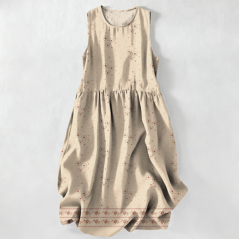 Buddha Stones Abito midi estivo casual da donna con stampa floreale a pois e tasche. - Beige - US16, UK/AU20, EU48 (3XL) - image 0