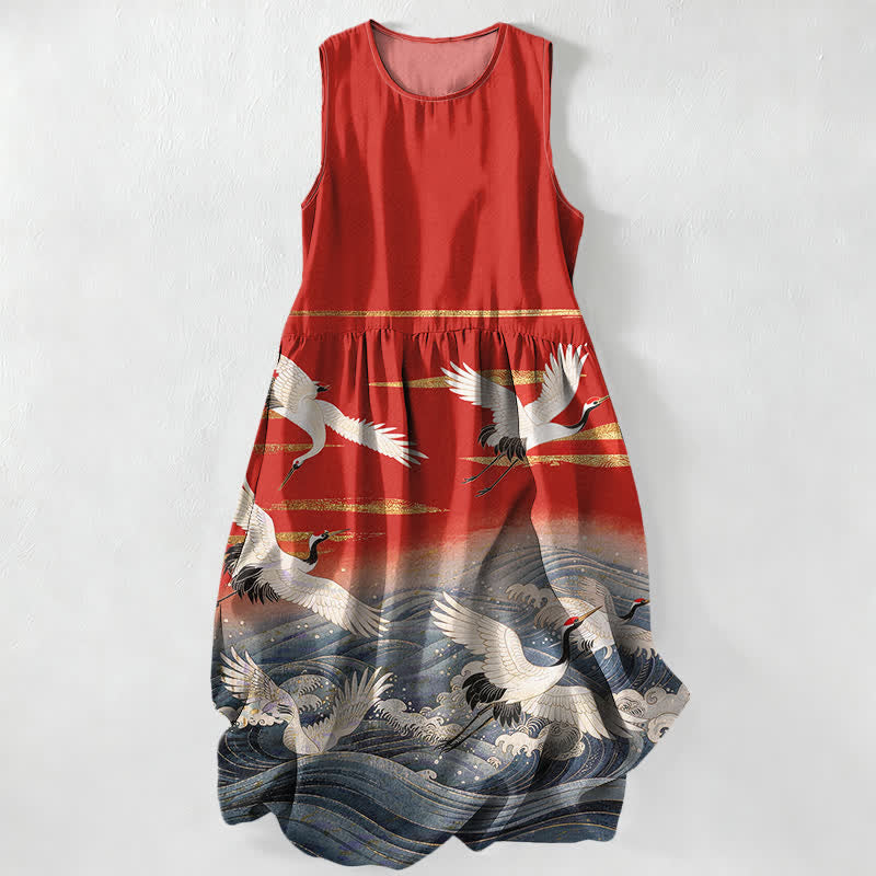 Buddha Stones Abito midi estivo casual da donna con stampa a onde e tasche. - Rosso - US16, UK/AU20, EU48 (3XL) - image 0