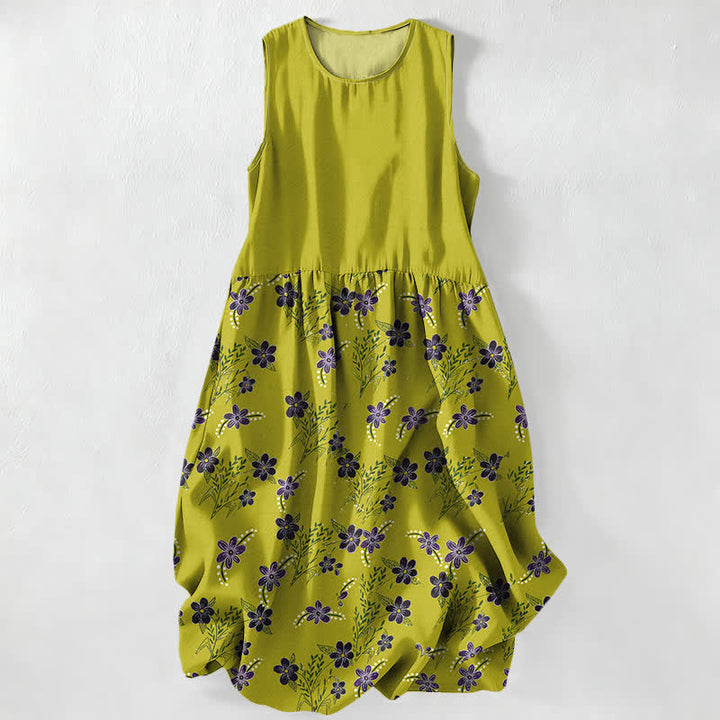 Buddha Stones Abito midi estivo casual da donna con motivo floreale viola e foglie, senza maniche e tasche. - GialloVerde - US16, UK/AU20, EU48 (3XL) - image 0