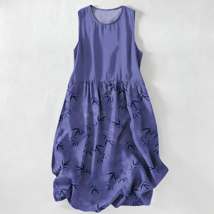 Buddha Stones Abito midi estivo casual da donna con motivo a foglie di bambù e tasche. - Blu Ardesia - US16, UK/AU20, EU48 (3XL) - image 4