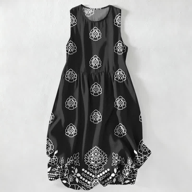 Buddha Stones Abito midi estivo casual da donna con motivo floreale vintage a medaglioni e foglie, senza maniche e con tasche. - Nero - US16, UK/AU20, EU48 (3XL) - image 0
