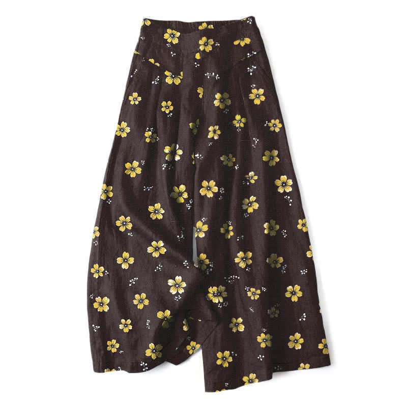 Buddha Stones Pantaloni da donna a gamba larga con elastico in vita e tasche, in cotone e lino, con fantasia floreale vintage. - Nero - US16, UK/AU20, EU48 (3XL) - image 0