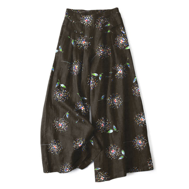 Buddha Stones Pantaloni da donna in cotone e lino con elastico in vita e gamba larga, fantasia floreale a dente di leone colorata, con tasche. - Nero - US16, UK/AU20, EU48 (3XL) - image 0