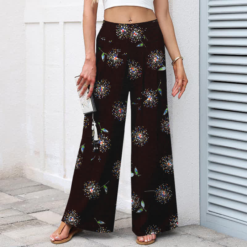Buddha Stones Pantaloni da donna in cotone e lino con elastico in vita e gamba larga, fantasia floreale a dente di leone colorata, con tasche. - image 1