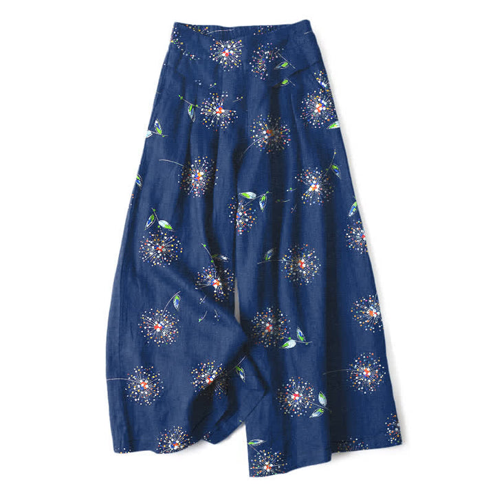 Buddha Stones Pantaloni da donna in cotone e lino con elastico in vita e gamba larga, fantasia floreale a dente di leone colorata, con tasche. - Marina - US16, UK/AU20, EU48 (3XL) - image 4