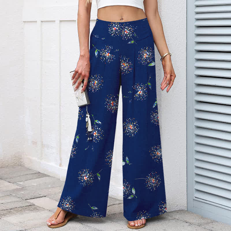 Buddha Stones Pantaloni da donna in cotone e lino con elastico in vita e gamba larga, fantasia floreale a dente di leone colorata, con tasche. - image 5