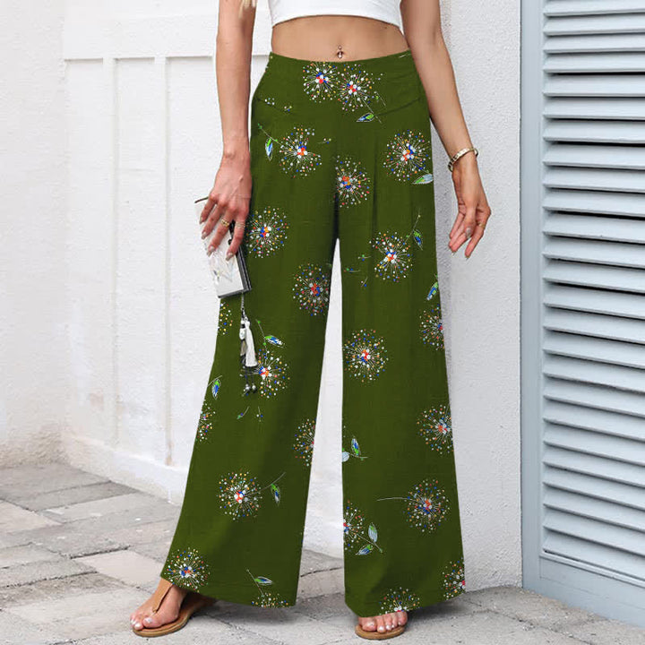 Buddha Stones Pantaloni da donna in cotone e lino con elastico in vita e gamba larga, fantasia floreale a dente di leone colorata, con tasche. - image 7