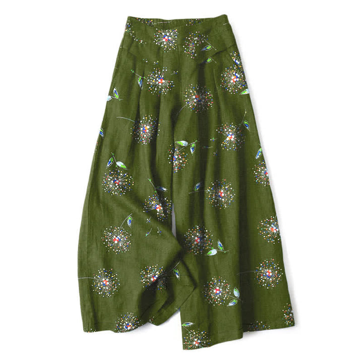 Buddha Stones Pantaloni da donna in cotone e lino con elastico in vita e gamba larga, fantasia floreale a dente di leone colorata, con tasche. - Verde oliva - US16, UK/AU20, EU48 (3XL) - image 6