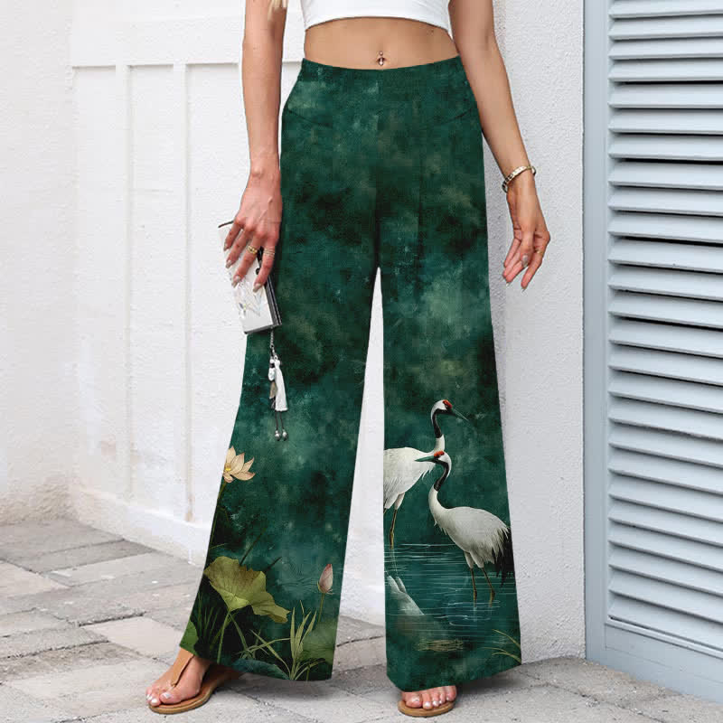 Buddha Stones Pantaloni da donna in cotone e lino con elastico in vita e gamba larga, fantasia gru e loto, con tasche. - image 1