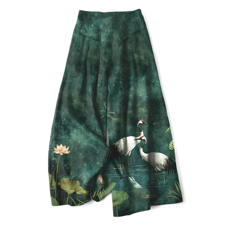 Buddha Stones Pantaloni da donna in cotone e lino con elastico in vita e gamba larga, fantasia gru e loto, con tasche. - Verde studentesco - US16, UK/AU20, EU48 (3XL) - image 0