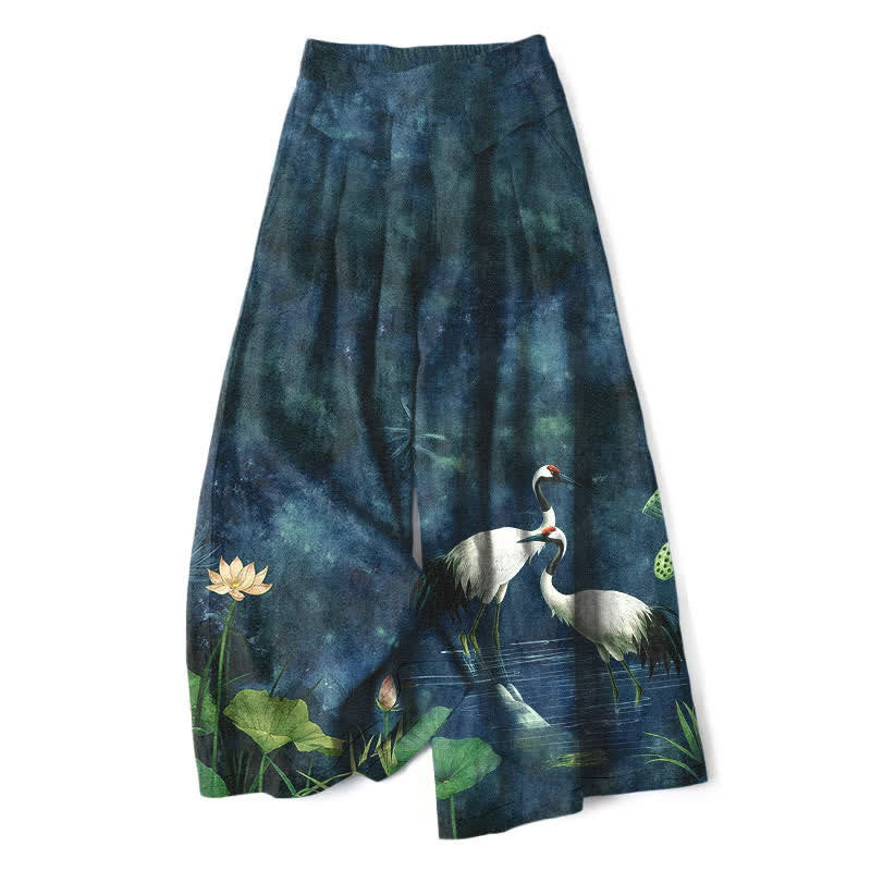 Buddha Stones Pantaloni da donna in cotone e lino con elastico in vita e gamba larga, fantasia gru e loto, con tasche. - SteelBlue - US16, UK/AU20, EU48 (3XL) - image 4