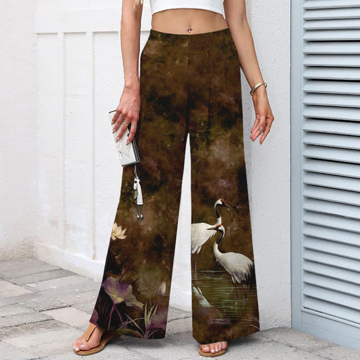 Buddha Stones Pantaloni da donna in cotone e lino con elastico in vita e gamba larga, fantasia gru e loto, con tasche. - image 7
