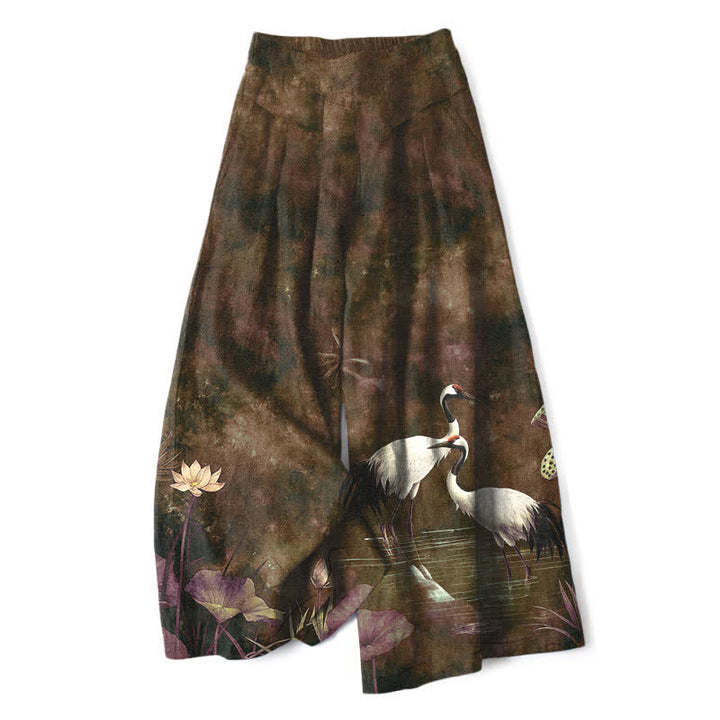 Buddha Stones Pantaloni da donna in cotone e lino con elastico in vita e gamba larga, fantasia gru e loto, con tasche. - Marrone sella - US16, UK/AU20, EU48 (3XL) - image 6