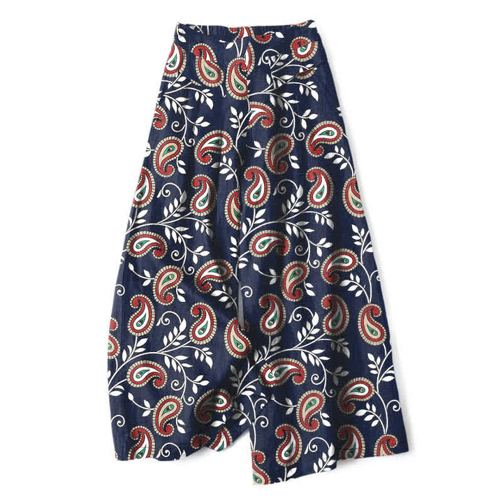 Buddha Stones Pantaloni da donna a gamba larga con elastico in vita e tasche, in cotone e lino, con fantasia paisley bohémien. - Marina - US16, UK/AU20, EU48 (3XL) - image 0