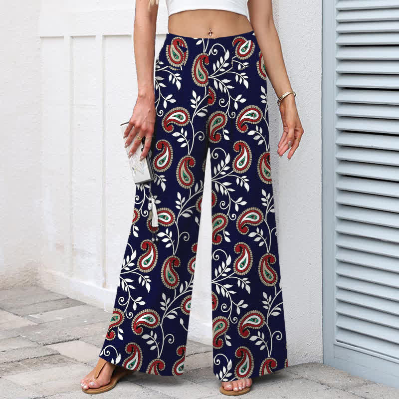 Buddha Stones Pantaloni da donna a gamba larga con elastico in vita e tasche, in cotone e lino, con fantasia paisley bohémien. - image 1