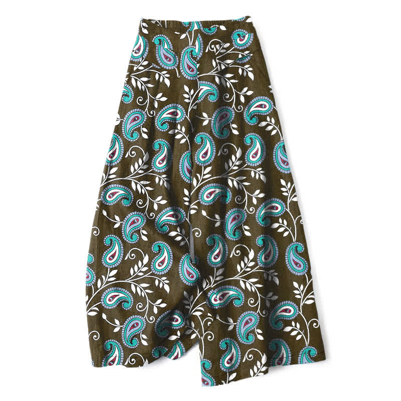Buddha Stones Pantaloni da donna a gamba larga con elastico in vita e tasche, in cotone e lino, con fantasia paisley bohémien. - Verde oliva scuro - US16, UK/AU20, EU48 (3XL) - image 4