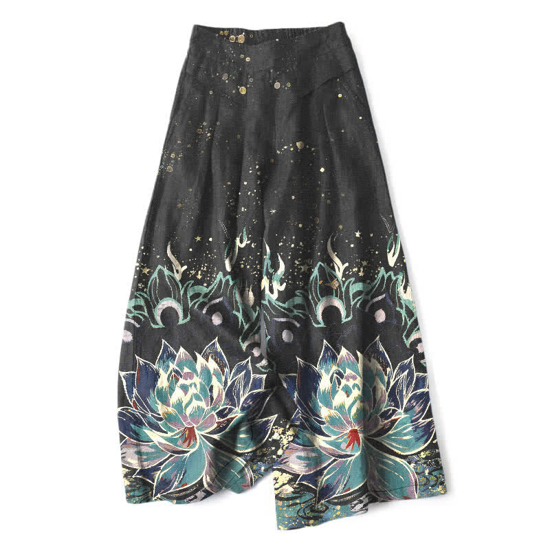 Buddha Stones Pantaloni da donna in cotone e lino con elastico in vita e gamba larga, fantasia a fiori di loto, con tasche. - Nero - US16, UK/AU20, EU48 (3XL) - image 0