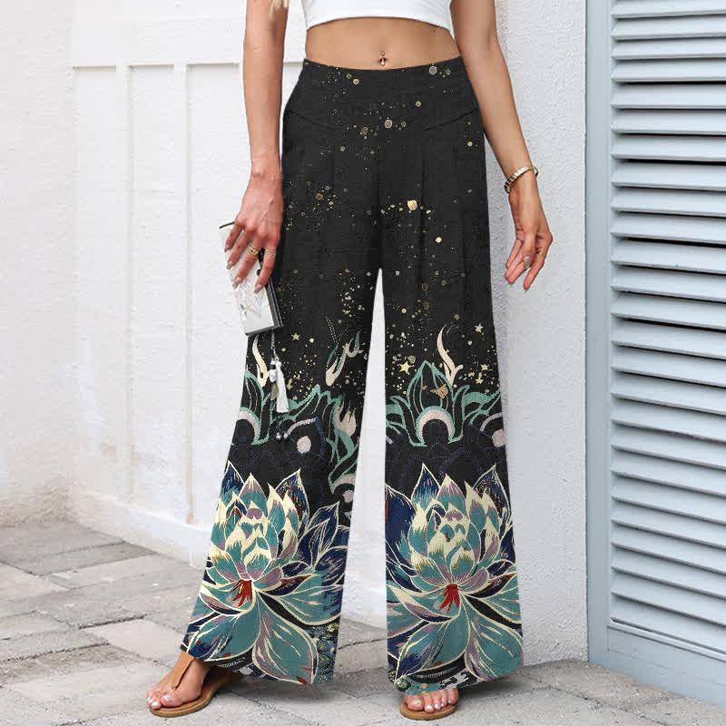 Buddha Stones Pantaloni da donna in cotone e lino con elastico in vita e gamba larga, fantasia a fiori di loto, con tasche. - image 1