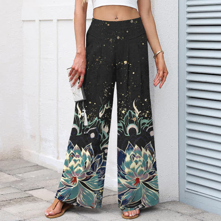 Buddha Stones Pantaloni da donna in cotone e lino con elastico in vita e gamba larga, fantasia a fiori di loto, con tasche. - image 1