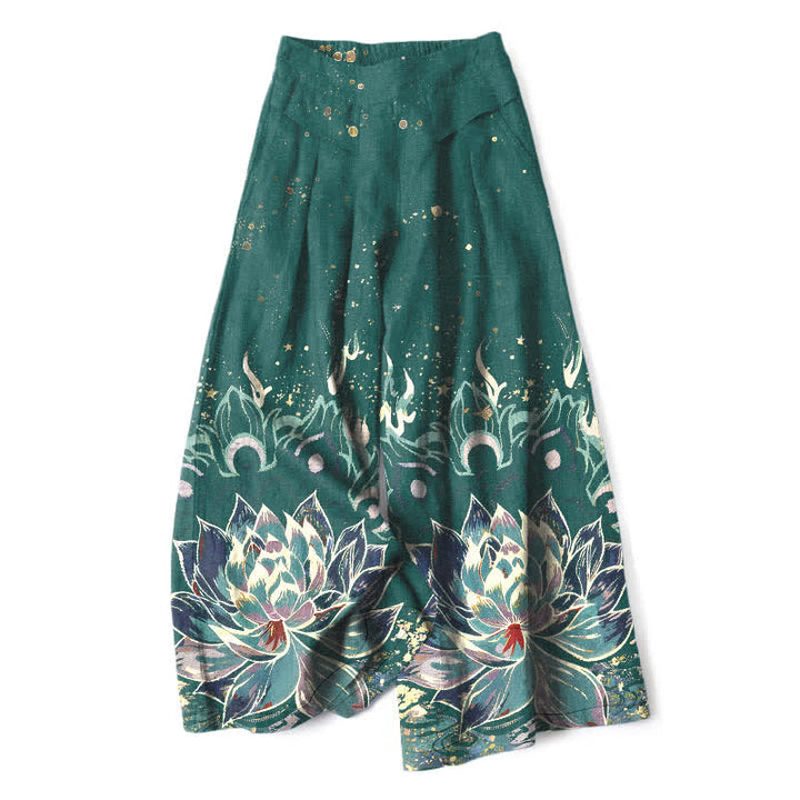 Buddha Stones Pantaloni da donna in cotone e lino con elastico in vita e gamba larga, fantasia a fiori di loto, con tasche. - Verde acqua - US16, UK/AU20, EU48 (3XL) - image 4