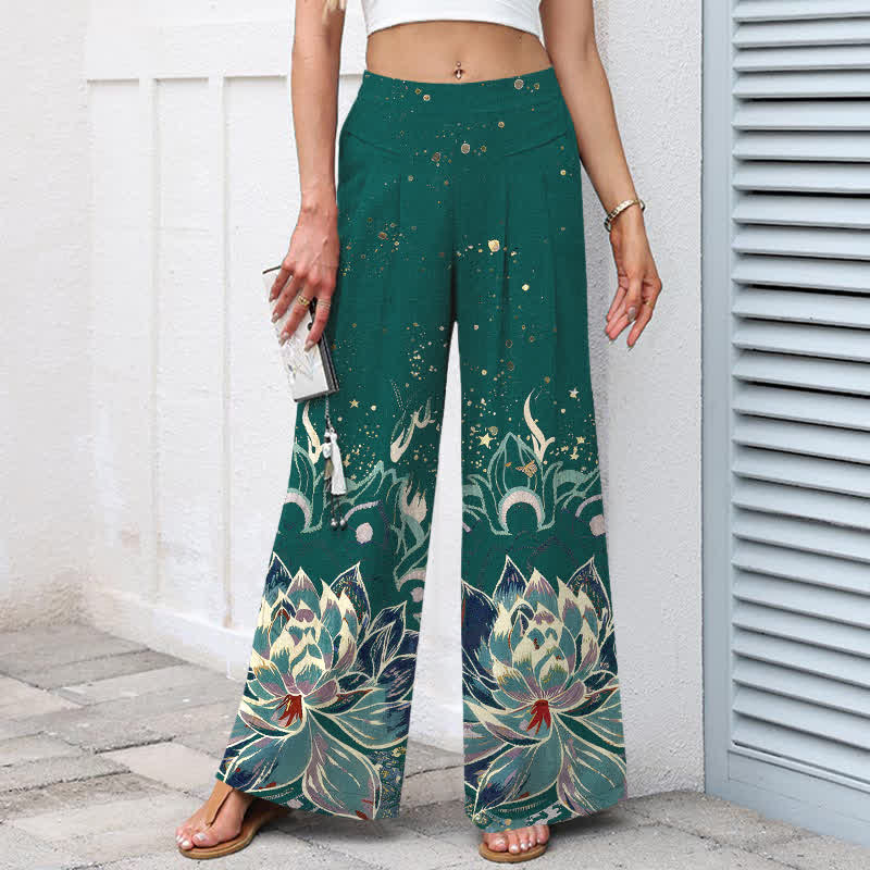 Buddha Stones Pantaloni da donna in cotone e lino con elastico in vita e gamba larga, fantasia a fiori di loto, con tasche. - image 5