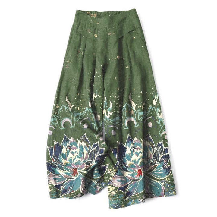 Buddha Stones Pantaloni da donna in cotone e lino con elastico in vita e gamba larga, fantasia a fiori di loto, con tasche. - Verde oliva - US16, UK/AU20, EU48 (3XL) - image 6