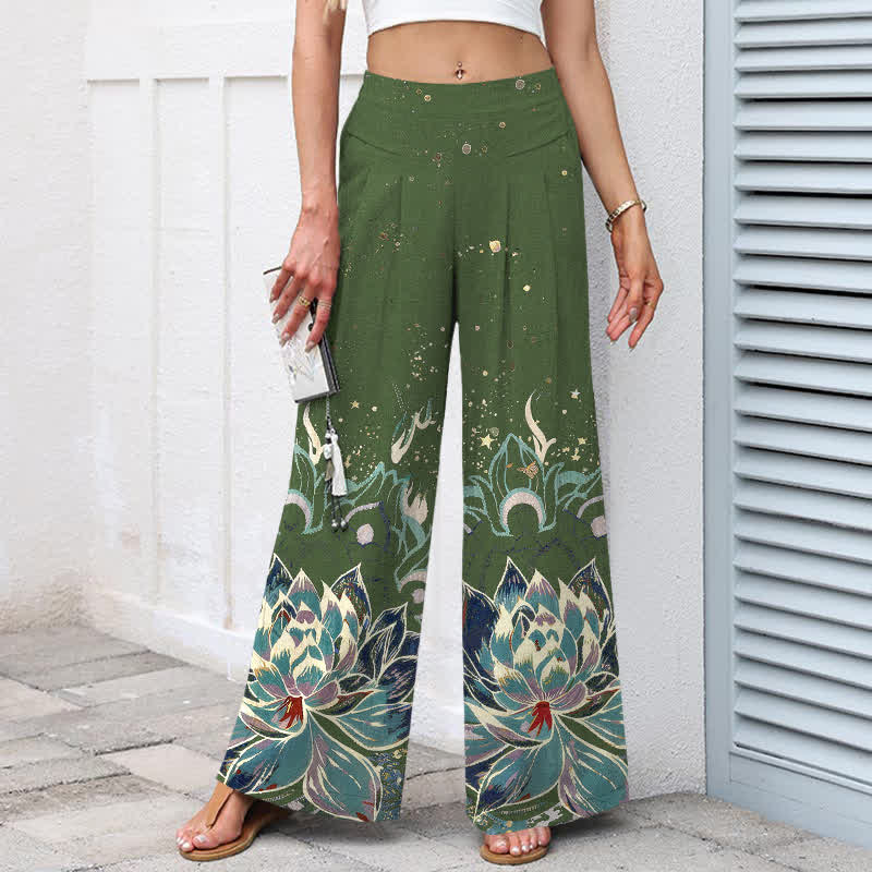 Buddha Stones Pantaloni da donna in cotone e lino con elastico in vita e gamba larga, fantasia a fiori di loto, con tasche. - image 7